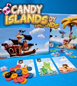 Colorful board game "Candy Islands" featuring a pirate ship, game pieces, and cards. The image displays vibrant tokens, including gummy bear and candy shapes, alongside the game box and promotional art. Ideal for family game night and fun gatherings.