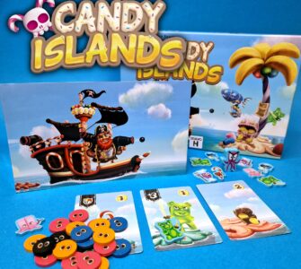 Colorful board game "Candy Islands" featuring a pirate ship, game pieces, and cards. The image displays vibrant tokens, including gummy bear and candy shapes, alongside the game box and promotional art. Ideal for family game night and fun gatherings.
