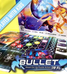 Colorful board game "Bullet" by 99 Games, designed for 1-4 players, featuring engaging shoot-em-up puzzle action. The image showcases the game components, including character cards and a vibrant playing board, ideal for family fun. The text overlay highlights that the game is suitable for kids.