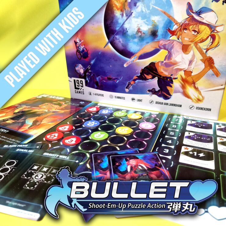 Colorful board game "Bullet" by 99 Games, designed for 1-4 players, featuring engaging shoot-em-up puzzle action. The image showcases the game components, including character cards and a vibrant playing board, ideal for family fun. The text overlay highlights that the game is suitable for kids.