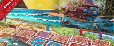 Colorful board game setup for "Nautilus Island," featuring vibrant game pieces on a scenic beach background. The game box displays an illustrated submarine and tropical landscape, with a festive ribbon overlay indicating "Xmas 2023 Holiday Marathon #1." Perfect for family game nights and holiday gatherings.