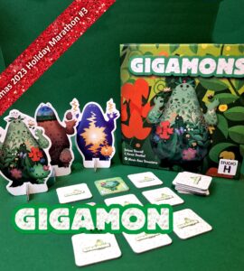 Colorful Gigamon board game setup featuring vibrant character standees and cards, with a festive background for the Xmas 2023 Holiday Marathon.