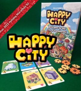 Happy City board game displayed with its box and game cards on a green background. The game focuses on building a city to maximize happiness, suitable for 1 to 5 players and takes approximately 30 minutes to play. The image features the game's logo prominently along with various game components like cards and tokens.