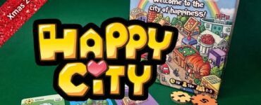 Happy City board game displayed with its box and game cards on a green background. The game focuses on building a city to maximize happiness, suitable for 1 to 5 players and takes approximately 30 minutes to play. The image features the game's logo prominently along with various game components like cards and tokens.