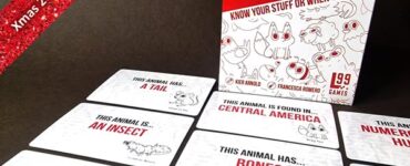 Colorful game "Cool Animal Facts" displayed with cards showcasing interesting animal traits. The game box highlights features like "Know Your Stuff or When to Bluff," suitable for ages 8 and up. Cards reveal fun facts about various animals, including habitats and characteristics. Perfect for family game nights and educational fun.