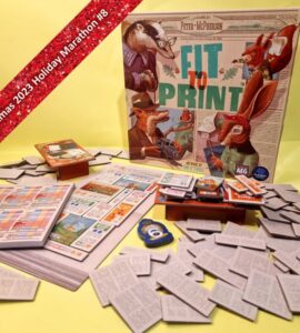 Board game "Fit to Print" by Peter McPherson displayed on a yellow background, featuring game components like cards, a score sheet, and numerous paper tiles. The game cover showcases illustrated animal characters, highlighting its theme and design.