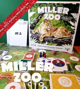 Miller Zoo cooperative board game displayed on a colorful game board, featuring a lion illustration on the box cover. The image includes game components like player tokens and character cards, along with a festive banner indicating "Xmas 2023 Holiday Marathon #4."