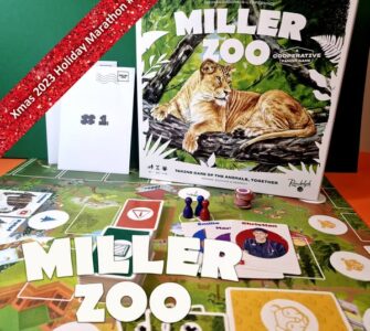 Miller Zoo cooperative board game displayed on a colorful game board, featuring a lion illustration on the box cover. The image includes game components like player tokens and character cards, along with a festive banner indicating "Xmas 2023 Holiday Marathon #4."