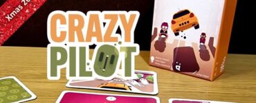 Image of the board game "Crazy Pilot" displayed on a wooden table, featuring the game's colorful box and several gameplay cards illustrating various city scenes with vehicles and pedestrians. The image promotes the Xmas 2023 Holiday Marathon event.