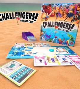 Colorful board game "Challengers! Beach Cup" displayed on sandy beach background, featuring game components like character cards, a scoring sheet, and a card holder. Ideal for family and friends' game nights, emphasizing fun and strategy.
