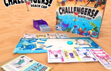 Colorful board game "Challengers! Beach Cup" displayed on sandy beach background, featuring game components like character cards, a scoring sheet, and a card holder. Ideal for family and friends' game nights, emphasizing fun and strategy.