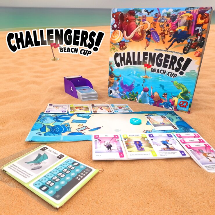 Colorful board game "Challengers! Beach Cup" displayed on sandy beach background, featuring game components like character cards, a scoring sheet, and a card holder. Ideal for family and friends' game nights, emphasizing fun and strategy.