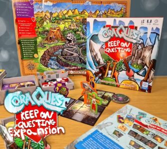 Cora Quest: Keep On Questing expansion game displayed on a wooden table, featuring game board, character tokens, and various game components, highlighting colorful artwork and gameplay elements suitable for family fun.