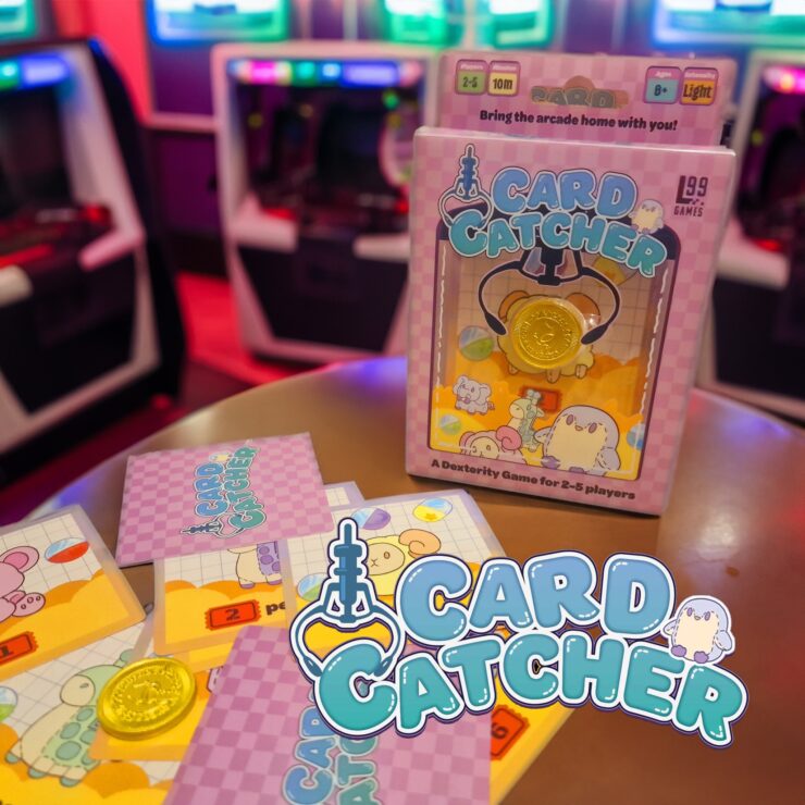 A colorful game box for "Card Catcher," a dexterity game designed for 2-5 players, featuring vibrant illustrations of cute characters and a gold coin. The game is set against the backdrop of arcade machines, highlighting its fun, arcade-inspired theme.