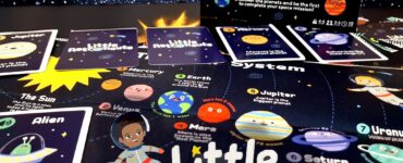 Colorful card game "Little Astronauts" displayed on a cosmic background, featuring planet cards and an illustration of a child astronaut, designed to teach kids about the solar system in a fun and engaging way.