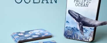 Pacific Ocean-themed card game featuring beautifully illustrated cards showcasing marine life, including shells and a whale, alongside the game box. Ideal for ocean enthusiasts and educational purposes.