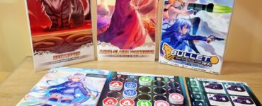 Image of the board game "BULLET," featuring three expansion packs: "Beethoven," "Anne-Claire Fortin," and "Orange Juice." The game includes colorful character cards and a unique game board with various action and puzzle elements, highlighting its shoot-em-up gameplay. The logo prominently displays the game's title and tagline.