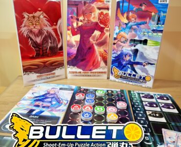 Image of the board game "BULLET," featuring three expansion packs: "Beethoven," "Anne-Claire Fortin," and "Orange Juice." The game includes colorful character cards and a unique game board with various action and puzzle elements, highlighting its shoot-em-up gameplay. The logo prominently displays the game's title and tagline.