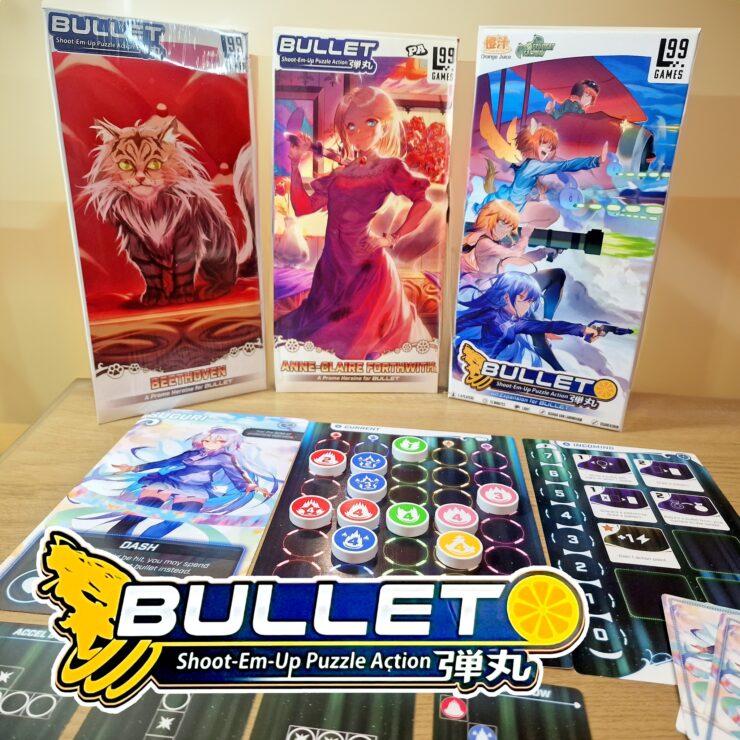 Image of the board game "BULLET," featuring three expansion packs: "Beethoven," "Anne-Claire Fortin," and "Orange Juice." The game includes colorful character cards and a unique game board with various action and puzzle elements, highlighting its shoot-em-up gameplay. The logo prominently displays the game's title and tagline.