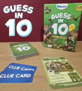 Colorful image of the "Guess in 10: Deadly Dinosaurs" game by Skillmatics, featuring the game box, clue cards, and a Stegosaurus information card. Ideal for family game nights, suitable for 2-6 players aged 8 to 99.
