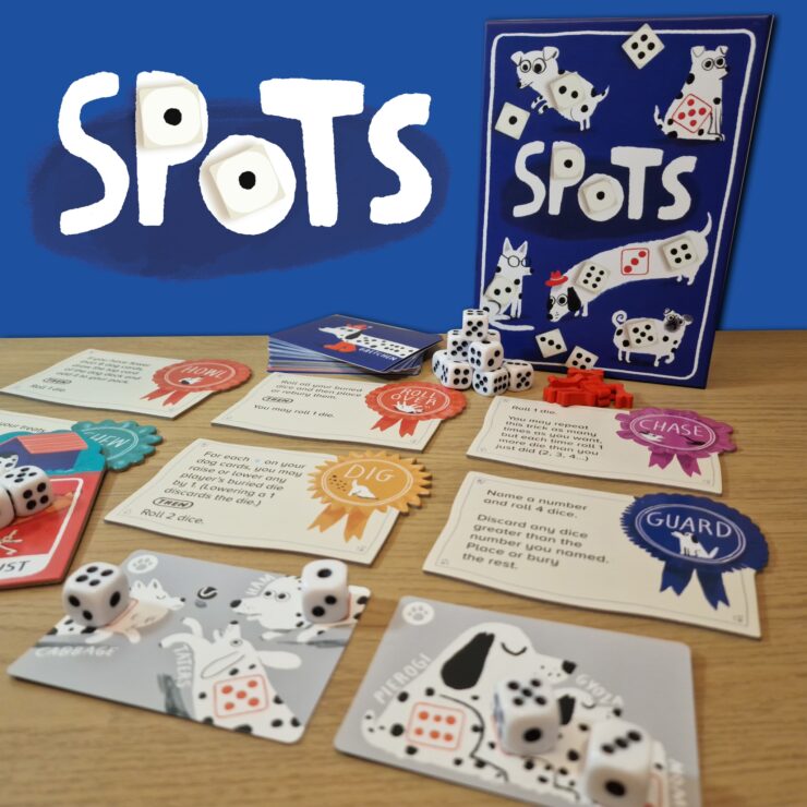 Colorful board game "Spots" featuring dice, action cards, and playful dog illustrations. The image showcases the game components laid out on a wooden surface with a vibrant blue background, highlighting the game's engaging design and mechanics. Perfect for family game night or gatherings.