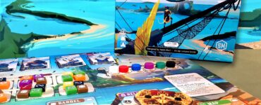 Image of the board game "Libertalia: Winds of Galecrest," featuring the game box, game cards, and various player tokens on a colorful game board. The background showcases a vibrant seascape with ships and islands, emphasizing the maritime theme of the game.