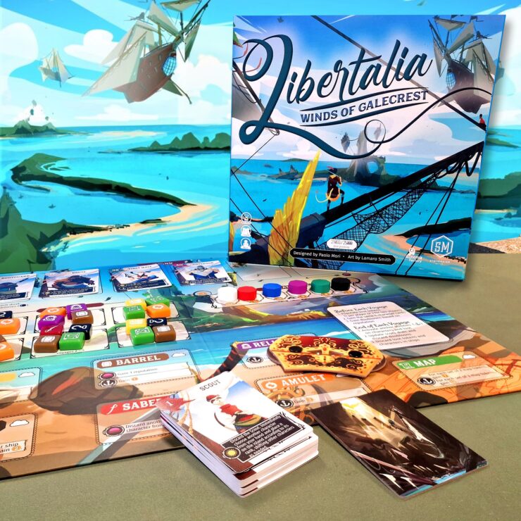 Image of the board game "Libertalia: Winds of Galecrest," featuring the game box, game cards, and various player tokens on a colorful game board. The background showcases a vibrant seascape with ships and islands, emphasizing the maritime theme of the game.