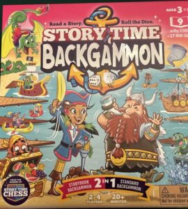 Colorful game box for "Story Time Backgammon," featuring whimsical pirate characters and mini-games. Designed for 2-4 players, ages 3 and up, it includes both storybook and standard backgammon gameplay options. Ideal for family fun and storytelling.