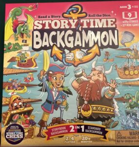 Colorful game box for "Story Time Backgammon," featuring whimsical pirate characters and mini-games. Designed for 2-4 players, ages 3 and up, it includes both storybook and standard backgammon gameplay options. Ideal for family fun and storytelling.