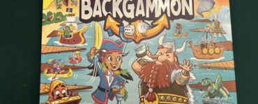 Colorful game box for "Story Time Backgammon," featuring whimsical pirate characters and mini-games. Designed for 2-4 players, ages 3 and up, it includes both storybook and standard backgammon gameplay options. Ideal for family fun and storytelling.