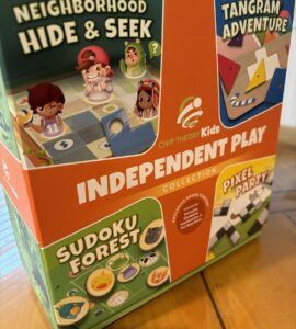 Colorful box of the "Independent Play Collection" by Chip Theory Kids featuring four games: "Neighborhood Hide & Seek," "Tangram Adventure," "Sudoku Forest," and "Pixel Party." The design includes playful characters and vibrant graphics, appealing to children and families.