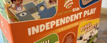 Colorful box of the "Independent Play Collection" by Chip Theory Kids featuring four games: "Neighborhood Hide & Seek," "Tangram Adventure," "Sudoku Forest," and "Pixel Party." The design includes playful characters and vibrant graphics, appealing to children and families.