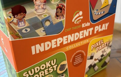 Colorful box of the "Independent Play Collection" by Chip Theory Kids featuring four games: "Neighborhood Hide & Seek," "Tangram Adventure," "Sudoku Forest," and "Pixel Party." The design includes playful characters and vibrant graphics, appealing to children and families.