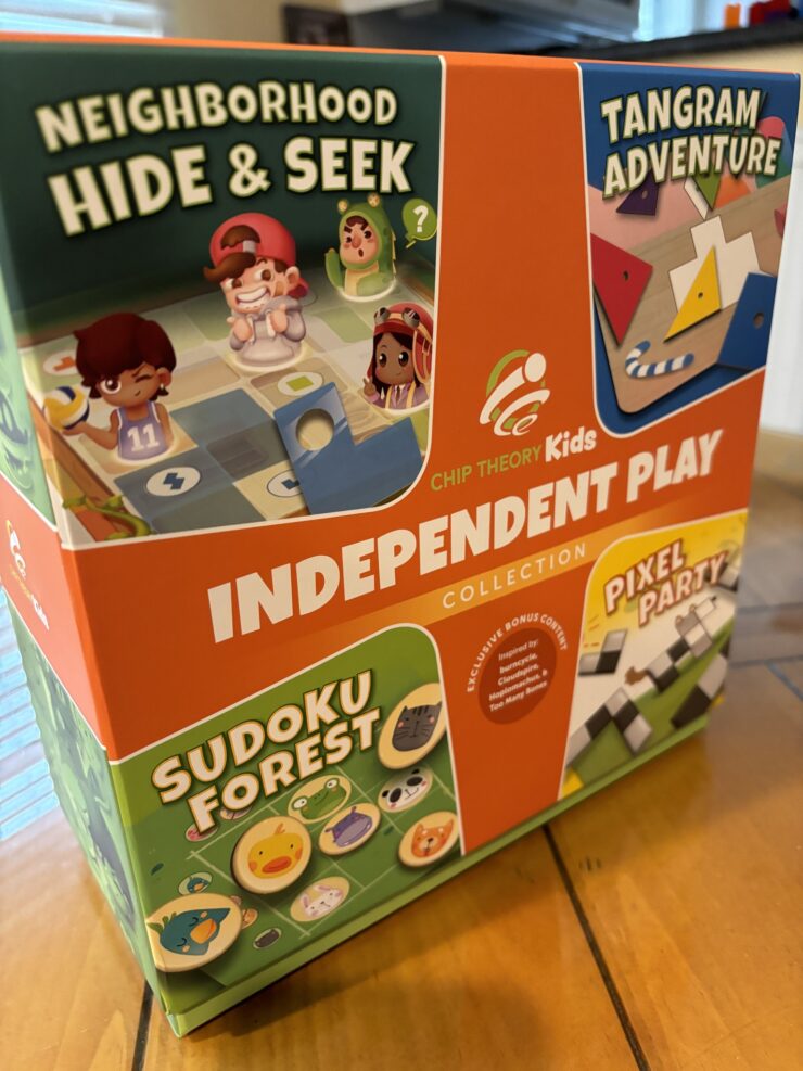 Colorful box of the "Independent Play Collection" by Chip Theory Kids featuring four games: "Neighborhood Hide & Seek," "Tangram Adventure," "Sudoku Forest," and "Pixel Party." The design includes playful characters and vibrant graphics, appealing to children and families.