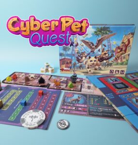 Colorful board game "Cyber Pet Quest" displayed with game pieces, character cards, and the game box featuring animated animals in a vibrant setting. Ideal for family game nights and strategy lovers.