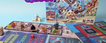 Colorful board game "Cyber Pet Quest" displayed with game pieces, character cards, and the game box featuring animated animals in a vibrant setting. Ideal for family game nights and strategy lovers.