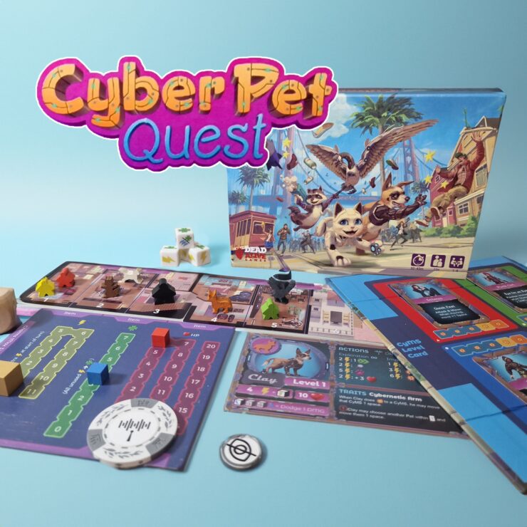 Colorful board game "Cyber Pet Quest" displayed with game pieces, character cards, and the game box featuring animated animals in a vibrant setting. Ideal for family game nights and strategy lovers.