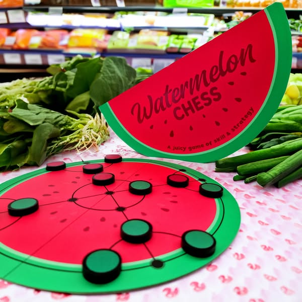 A colorful game of Watermelon Chess displayed among fresh vegetables, featuring a round watermelon-themed game board and a vibrant game piece design, showcasing a unique blend of fun and strategy in a grocery setting.