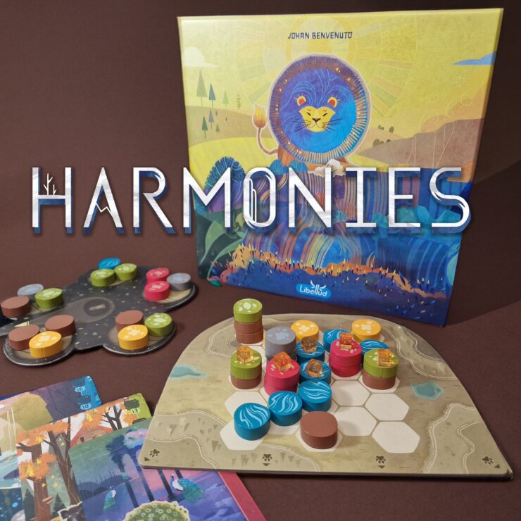 Colorful board game "Harmonies" by Johan Benvenuto featuring vibrant game pieces and a beautifully illustrated box. The game components include a hexagonal board, tokens in various colors, and cards laid out for gameplay, set against a rich brown background.