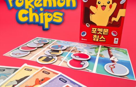 Colorful display of Pokémon Chips game featuring Pikachu on the box, with game pieces and character cards laid out on a vibrant pink background. Ideal for Pokémon fans and collectors, showcasing interactive gameplay elements.