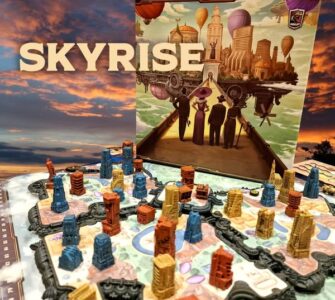 Colorful game components of the board game Skyrise are displayed on a vibrant game board, showcasing various building pieces in different colors and heights. The game's artwork, featuring a futuristic cityscape with hot air balloons and characters, is prominently featured in the background.