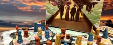 Colorful game components of the board game Skyrise are displayed on a vibrant game board, showcasing various building pieces in different colors and heights. The game's artwork, featuring a futuristic cityscape with hot air balloons and characters, is prominently featured in the background.