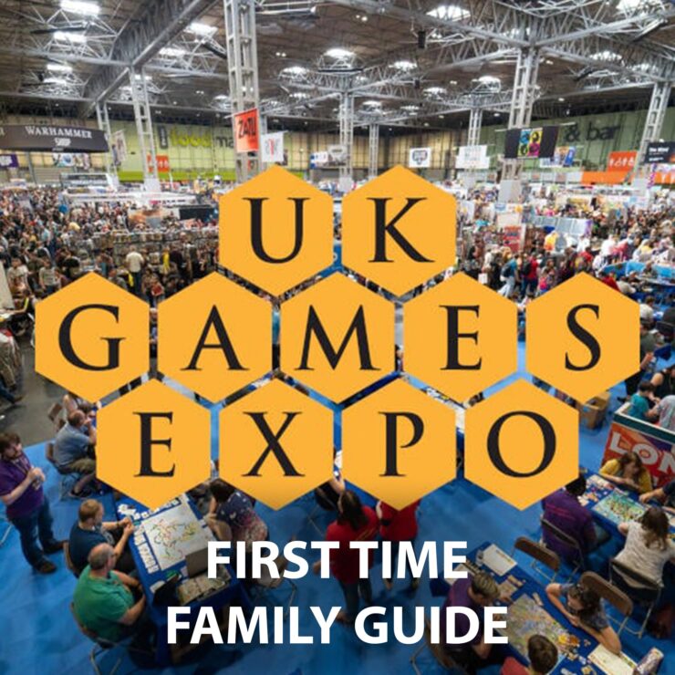 Aerial view of the UK Games Expo showcasing a bustling crowd of attendees engaging with tabletop games and vendors, featuring the event's logo and a "First Time Family Guide" text overlay.