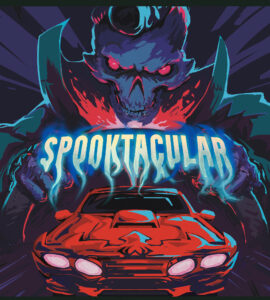 Colorful illustration featuring a menacing skull character with glowing red eyes and a vibrant background, alongside a classic red car, emphasizing a Halloween theme with the word "Spooktacular" prominently displayed in a bold, spooky font.