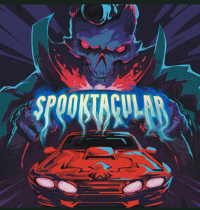 Colorful illustration featuring a menacing skull character with glowing red eyes and a vibrant background, alongside a classic red car, emphasizing a Halloween theme with the word "Spooktacular" prominently displayed in a bold, spooky font.
