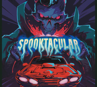 Colorful illustration featuring a menacing skull character with glowing red eyes and a vibrant background, alongside a classic red car, emphasizing a Halloween theme with the word "Spooktacular" prominently displayed in a bold, spooky font.