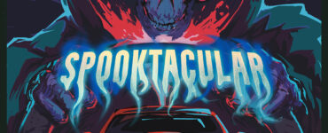 Colorful illustration featuring a menacing skull character with glowing red eyes and a vibrant background, alongside a classic red car, emphasizing a Halloween theme with the word "Spooktacular" prominently displayed in a bold, spooky font.