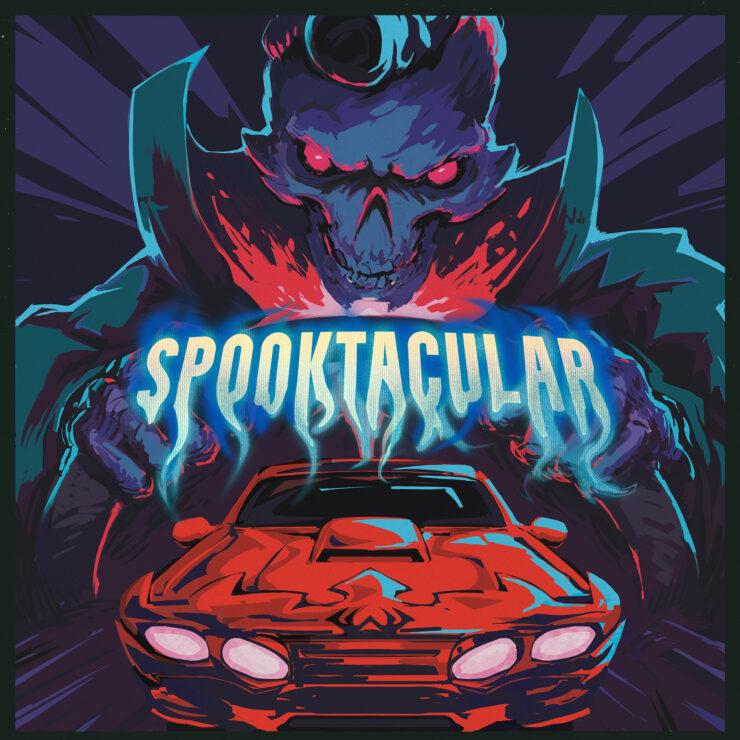 Colorful illustration featuring a menacing skull character with glowing red eyes and a vibrant background, alongside a classic red car, emphasizing a Halloween theme with the word "Spooktacular" prominently displayed in a bold, spooky font.