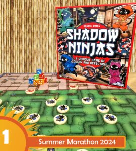 Board game "Shadow Ninjas" by Kedric Winks displayed with colorful dice and game pieces on a vibrant game board, featuring a tropical background, promoting Summer Marathon 2024.