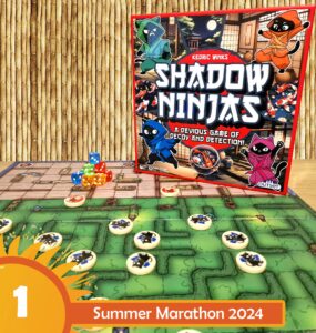 Board game "Shadow Ninjas" by Kedric Winks displayed with colorful dice and game pieces on a vibrant game board, featuring a tropical background, promoting Summer Marathon 2024.